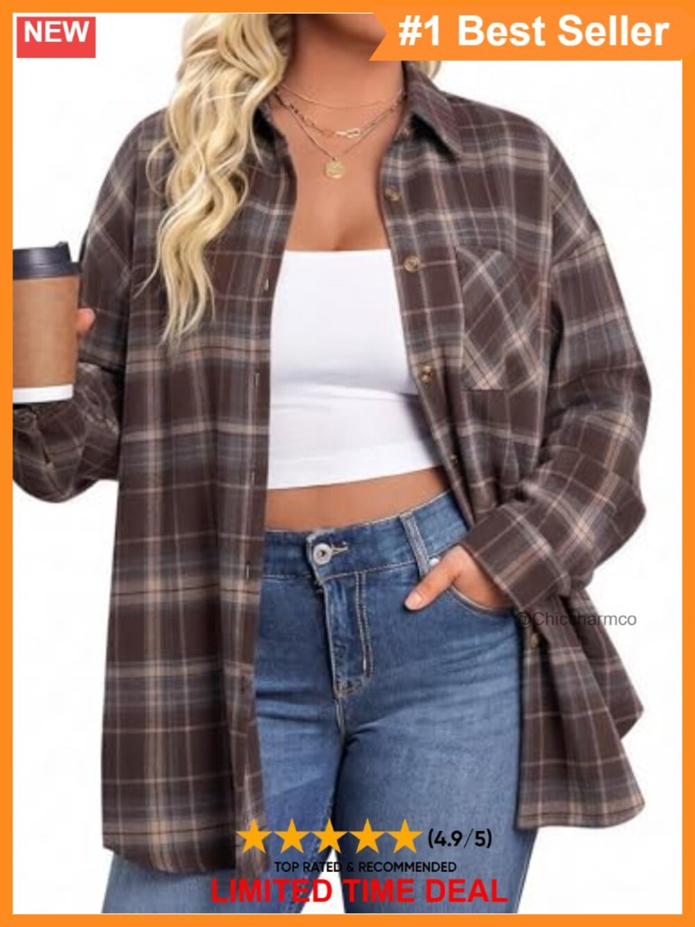 Womens Plus Size Flannel Shirt Long Sleeve Button Down Plaid Top